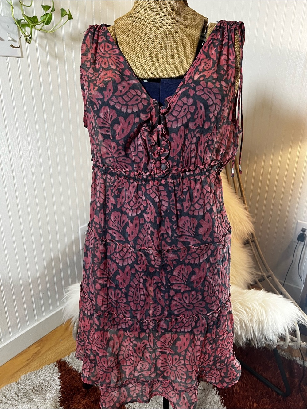 Women’s  sheer Sleeveless Floral Tie-Front Summer Dress in Rose and Black